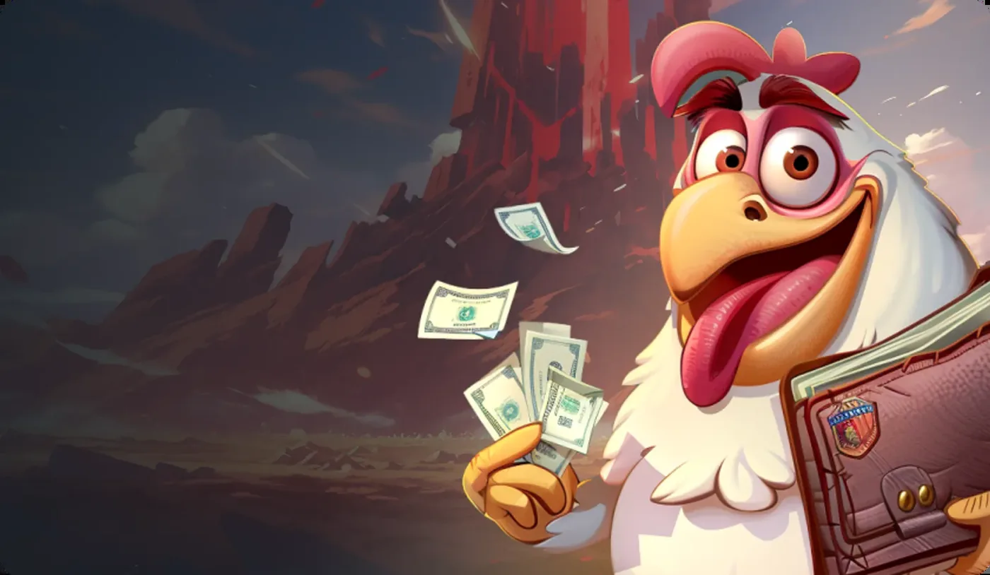 Cartoonachtige haan-mascotte met een bundel dollarbiljetten en een leren aktetas voor een rood canyonlandschap bij zonsondergang